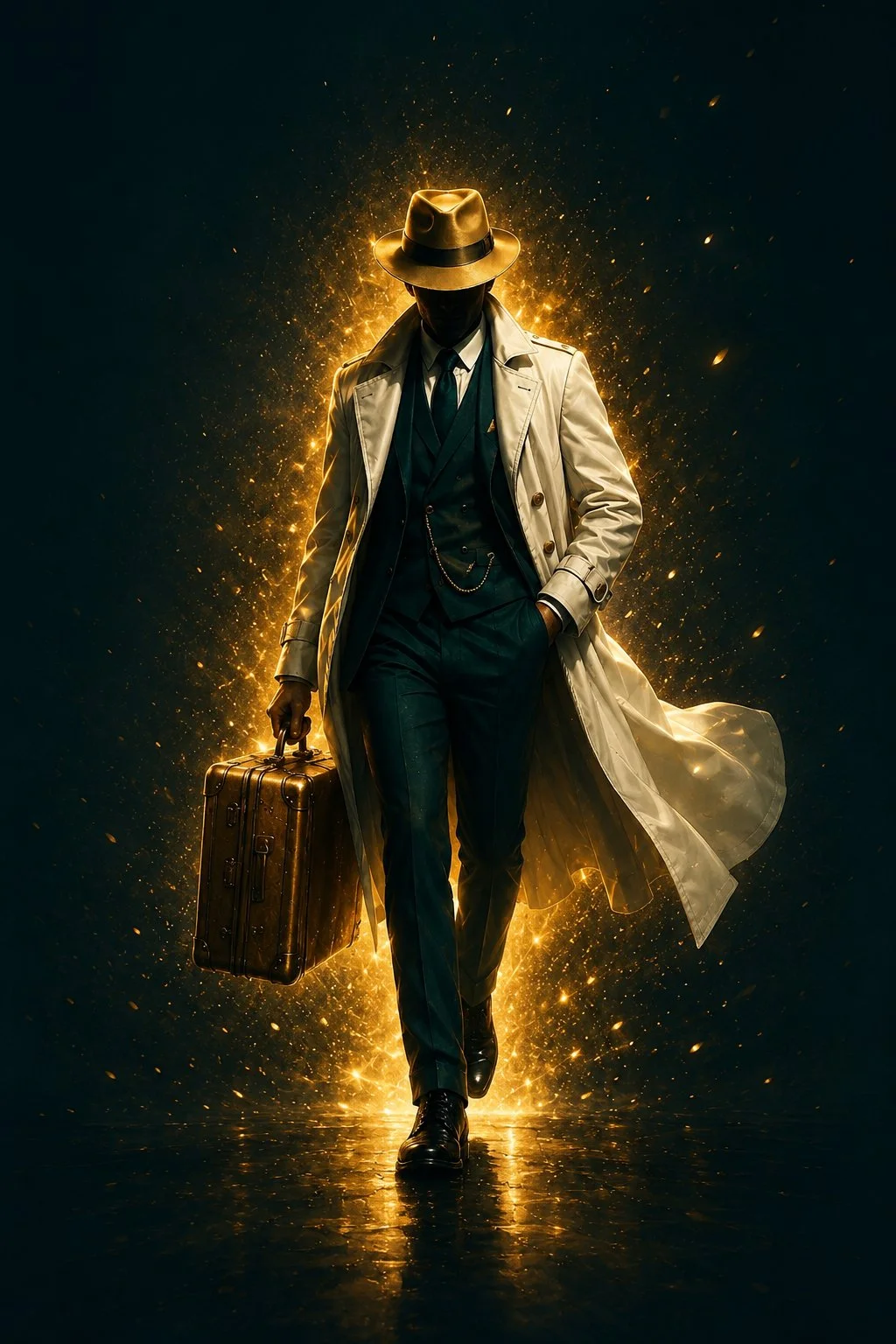 El Viajero Genius, figura misteriosa con sombrero dorado y abrigo blanco
